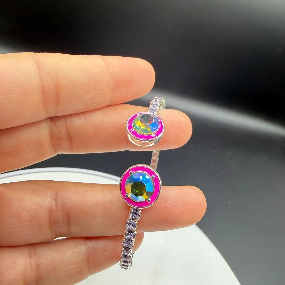 Silver Tone AB Crystal Open Cuff Bracelet Pink Enamel Statement Boho Gift Y2K